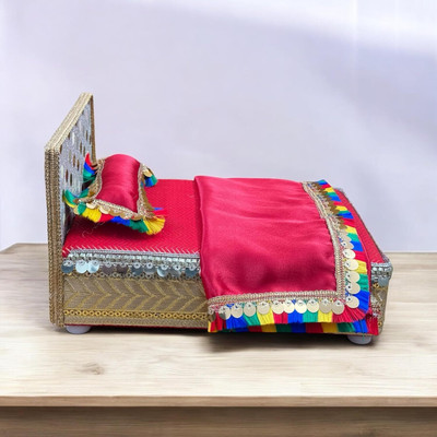 One Click Laddu Gopal Ji Wooden Bed Set Thakurji Singhasan with Bedding, Blanket & Pillow Wooden All Purpose Chowki(Red, Pack of 1)