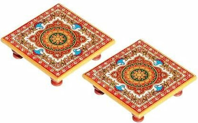 Earth joy Floral Painted Marble Duck Chowki Marble Marble Pooja Chowki(Multicolor, Pack of 2)