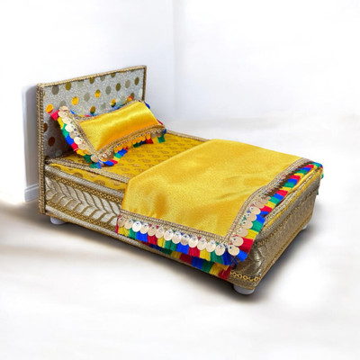 petaluma Thakur ji Laddu Gopal Bed Gaddi, Pillow, Cover Sheet Usable 0-6 No Size Kanha JI Wooden All Purpose Chowki(Yellow, Pack of 1)