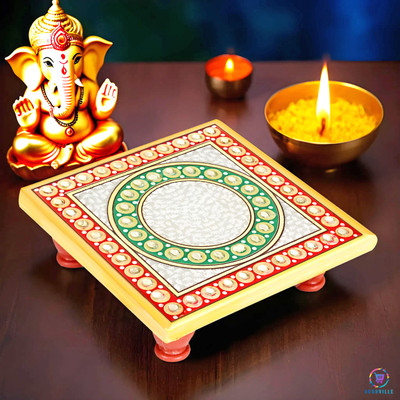 Jin Parshav Green Round Design 4 x 4 Inch Marble Chowki With Floral Inlay Work For Marble All Purpose Chowki(White, Gold, Pack of 1)