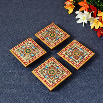 RUSHVILLE Marble Puja Chowki In Marble With Duck,Flower Design 4 X 4 Inch. Marble All Purpose Chowki(Multicolor, Pack of 4)