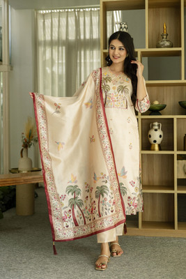 aadhiya impex Women Embroidered, Printed Straight Kurta(Beige)