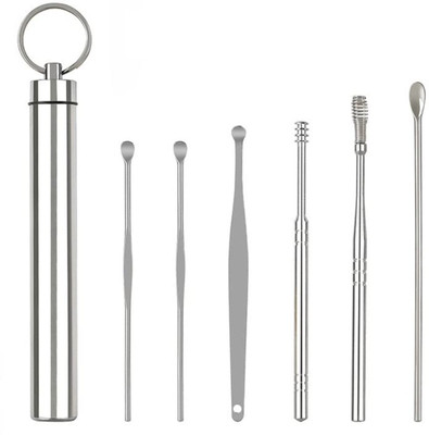 Kruvad Portable Key Chain Ear Cleaner 6-Piece Earpick Cleaning Scoop Tool Wax Remover Clipper(Silver)