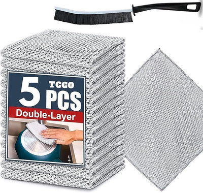 SELLQUICKER Double Layer Non Scratch Dish wash Cloths for Kitchen & Free Cleanning Brush Scrub Pad(Medium, Pack of 5)