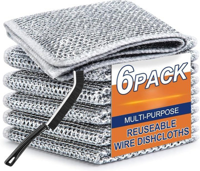 Millionminds Multi-Purpose Steel Wire Dishwash Cloth Pack of 6 & Crevice Gaps Cleaning Brush Wet and Dry Stainless Steel Cleaning Cloth(7 Units)