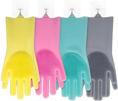 Nestera Nestera Silicone Dishwashing Gloves Multicolour Wet and Dry Disposable Glove Set(Free Size Pack of 2)
