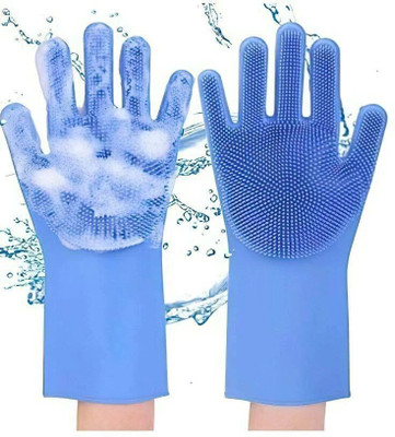 7SHIELD 1 Pair Silicone Scrubber Gloves for Kitchen, Bathroom Cleaning & Pet Grooming Wet and Dry Glove(Large)