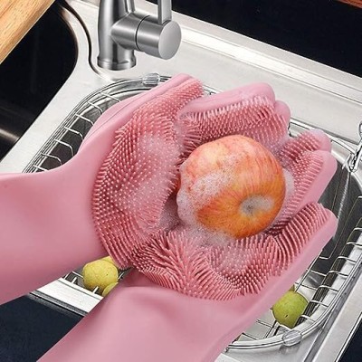 SVT Household svt Heavy Duty Reusable Silicone Hand Gloves for Dishwashing Utensil Cleaning Wet and Dry Disposable Glove(Free Size)