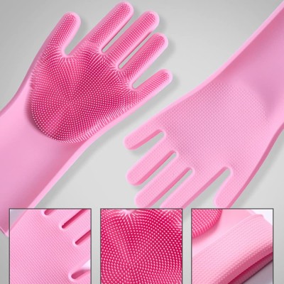 SVT Household Silicone Gloves Reusable Rubber Dishwashing Kitchen Scrubber Wet and Dry Glove(Free Size)