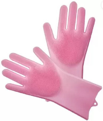 NKSNIMYSTORE Reusable Rubber Silicon Wash Scrubber Heat Resistant Dish Washing Gloves K23 Wet and Dry Disposable Glove Set(Free Size Pack of 2)