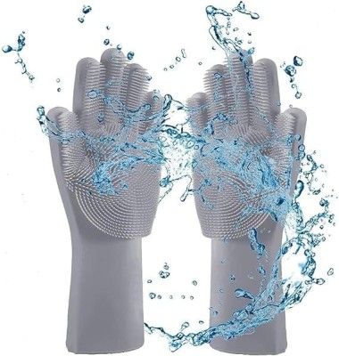 Surat Dream Silicon gloves hand scrubber for dishwashing cleaning kitchen utensil car pets Wet and Dry Glove Set(Free Size Pack of 2)