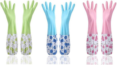 Masox Store Reusable PVC FlockLined Long Elbow Length Gloves for Kitchen Dishwashing Winters Wet and Dry Glove Set(Free Size Pack of 3)