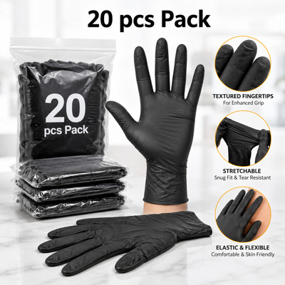 Vaidik Elements 20 Piece Black Nitrile Disposable Gloves – Cooking & Cleaning Gloves Wet and Dry Disposable Glove Set(Free Size Pack of 20)