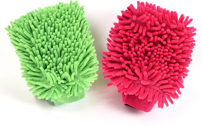 KUBER INDUSTRIES Pack of 2 Double-Sided 100GSM Microfiber Gloves for Cleaning | Green & Pink Wet and Dry Glove Set(Free Size Pack of 2)