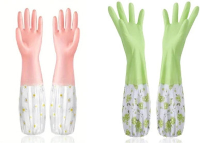 JHWOQU Reusable Rubber Latex PVC Flock lined Hand Gloves For Kitchen Long Sleeves Wet and Dry Glove Set(Free Size Pack of 4)