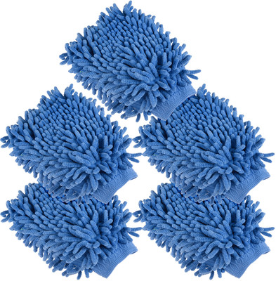 KUBER INDUSTRIES Inside Waterproof Cloth Fiber Cleaning Mitts For Car|Glass|Pack of 5|Blue Wet and Dry Glove Set(Free Size Pack of 5)