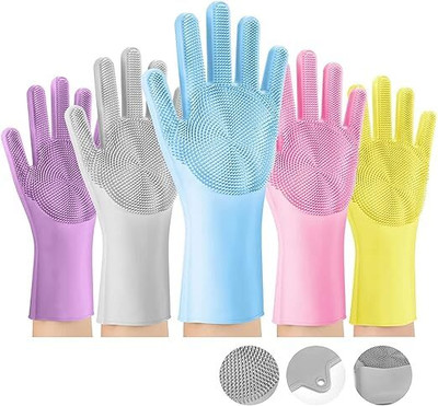 Hemaverse Multicolor Silicon Glove For Kitchen Dish Washing Cleaning Scrubbing Pet Toilet Wet and Dry Glove(Free Size)