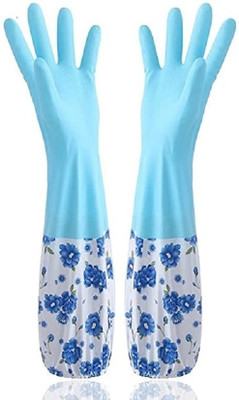 NEYU Reusable PVC FlockLined Long Elbow Length Gloves for Kitchen Dishwashing Winters Wet and Dry Glove Set(Large Pack of 2)