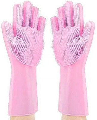 HUKBO Hand Silicone Cooking Glove Washing Silicon Hand Gloves with Scrubber for Kitchen Cleaning, Utensils, Bath and pet Hair Care - Reusable Heat Resistance and Water Proof Gloves Wet and Dry Disposable Glove(Free Size)