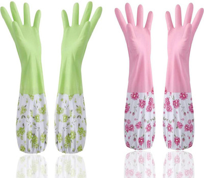 MAAUVTOR Reusable Rubber Latex PVC Flock lined Hand Gloves For Kitchen Long Sleeves Wet and Dry Glove Set(Free Size Pack of 4)