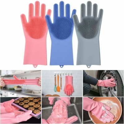 BBD Kitchen Shop Reusable Rubber Silicon Household Safety Wash Scrubber Heat Resistant Kitchen Gloves for Dish washing, Cleaning, Gardening Wet and Dry Glove hand gloves for kitchen Wet and Dry Glove Set (Free Size) Wet and Dry Glove(Free Size)