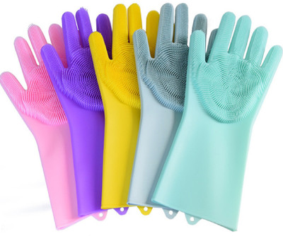 Zemlite Dish Wash Gloves-Magic Silicone Dishwashing Gloves with Extended Scrubbers | Multipurpose Reusable Dish Wash Glove with Brush Bristles are Great for Kitchen, Bathroom, Pet Care (Multicolour) -Pack of 1 Pair Wet and Dry Glove(Free Size)