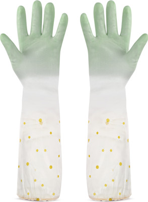 RBGIIT Reusable Rubber Latex PVC Flock lined Hand Gloves For Kitchen Long Sleeves B-4 Wet and Dry Glove(Large)