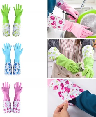 Masox Store PVC made Cotton Flock lined Hand Gloves For Kitchen Long Sleeves Dish Washing Wet and Dry Disposable Glove Set(Free Size Pack of 3)