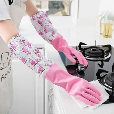 RBGIIT Reusable PVC FlockLined Long Elbow Length Gloves for Kitchen Dishwashing Winters Wet and Dry Glove Set(Large Pack of 2)