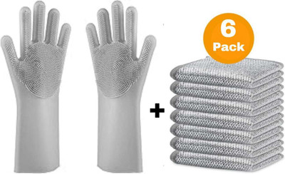 Aim Emporium Hand Gloves For Kitchen Dish Washing + Non Scratch Scrubbing Pads Kitchen. Dry Disposable Glove(Free Size)
