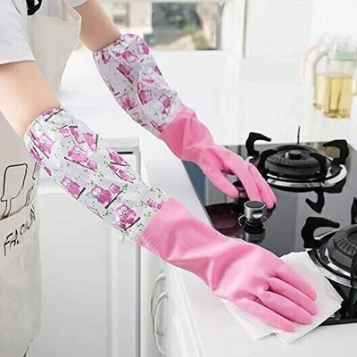 RBGIIT Reusable PVC FlockLined Long Elbow Length Gloves for Kitchen Dishwashing Winters Wet and Dry Glove(Large)