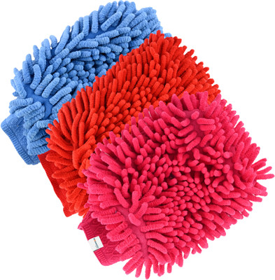 HOMESTIC Pack of 3 Double-Sided 100GSM Microfiber Gloves for Cleaning | Blue, Red & Pink Wet and Dry Glove Set(Free Size Pack of 3)