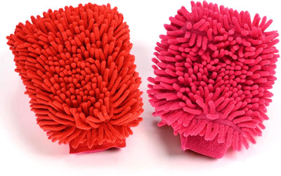 KUBER INDUSTRIES Pack of 2 Double-Sided 100GSM Microfiber Gloves for Cleaning | Red & Pink Wet and Dry Glove Set(Free Size Pack of 2)