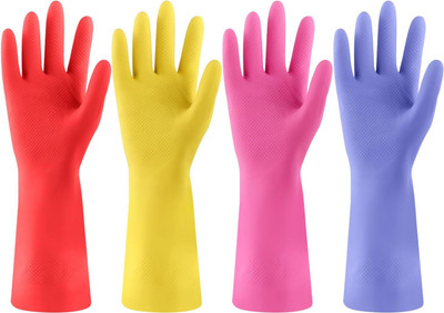 Safe Hand Rubber Kitchen Dishwashing 4 Pairs Colorful Reusable Washing Dishes Household Wet and Dry Glove Set(Large Pack of 4)