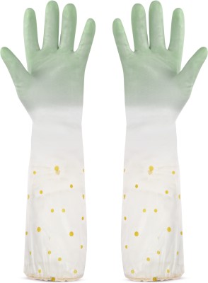 RBGIIT Reusable Rubber Latex PVC Flock lined Hand Gloves For Kitchen Long Sleeves B-4 Wet and Dry Glove(Large)