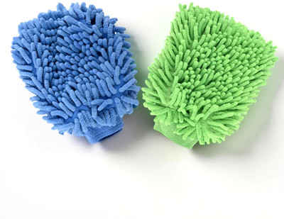 KUBER INDUSTRIES Pack of 2 Double-Sided 100GSM Microfiber Gloves for Cleaning | Blue & Green Wet and Dry Glove Set(Free Size Pack of 2)