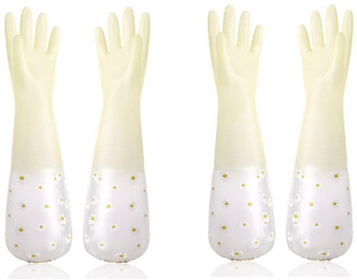 MUSVUZA Reusable Rubber Latex PVC Flock lined Long Elbow Hand Gloves Wet and Dry Glove Set(Medium Pack of 4)