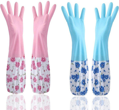 krenz Reusable Rubber Latex PVC Flock lined Hand Gloves For Kitchen Long Sleeves Wet and Dry Glove Set(Free Size Pack of 2)
