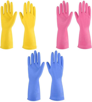 Mishri Cleaning Gloves Reusable Rubber Hand Gloves for Washing Cleaning Kitchen Garden Wet and Dry Glove Set(Medium Pack of 3)