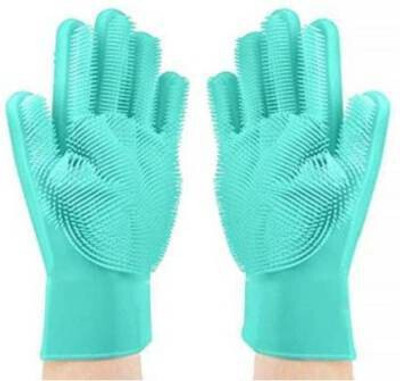 GEFOCE Silicone Kitchen Magic Gloves for Dishwashing Rubber Dish Washing with Brush Cleaning Scrubber – 1 Pair (Random Multicolour) Wet and Dry Glove (Free Size) Wet and Dry Glove Set(Medium Pack of 2)
