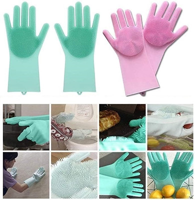 SGR Enterprise Silicon Hand Gloves for Kitchen Dishwashing Car Bathroom, Pet Grooming A26 Wet and Dry Disposable Glove Set(Free Size Pack of 2)