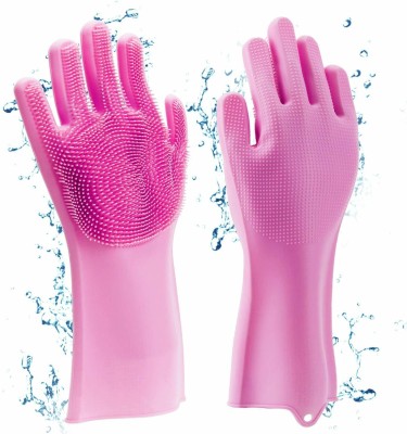 POONJALIYA Silicone Scrubbing Gloves Non-Slip Dishwashing and Pet Grooming, Magic Latex Gloves for Household Cleaning Great for Protecting Hands in Dish Washing Magic Silicone Cleaning Hand Gloves for Kitchen Dishwashing and Pet Grooming, Washing Dish, Car, Bathroom (Multicolour) -Pack of 1 Pair Sil