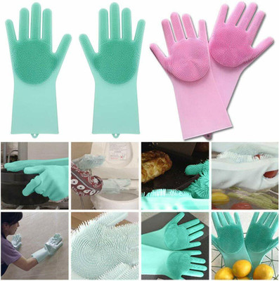 Avi enterprise Silicone Scrubbing Gloves, Dishwashing , Magic Latex Gloves for Cleaning Wet and Dry Glove Set(Large Pack of 2)