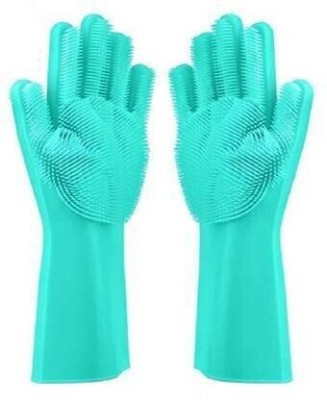 mitsu Magic Silicon Non-Slip Scrubbing Gloves for Dishwashing for Kitchen/Scrubbing Gloves for Pet Grooming/Household Cleaning/Multipurpose Use Silicone Scrub Wet and Dry Glove (Free Size) Wet and Dry Glove Set(Free Size Pack of 2)