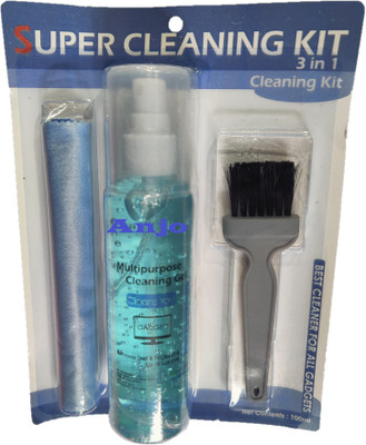 ANJO Multipurpose Screen Cleaning Kit with Spray, Cloth & Brush for Computers, Gaming, Laptops, Mobiles(PC, TV, LED and other Sensitive Electronic Gadgets etc. 100ml)