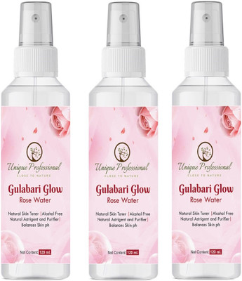 UNIQUE PROFESSIONAL GULABARI GLOW PREMIUM ROSE WATER WITH SPRAY 120 ML PACK OF 3 Face Wash(360 ml)