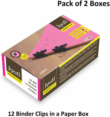 Jyoti Binder Clip (12 Pcs of Size 32mm of Black in a Paper Box) - Pack of 2 Boxes, 32mm Steel Binder Clip(Set of 24, Black)