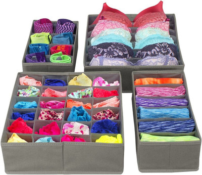 ComfyStyle Set of 4 Foldable Drawer Organizer for Clothes for Bra, Tie, and Scarfs-Grey Drawer Divider(Fabric)