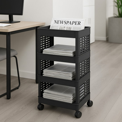MAXTID 4 Layer compartment Magazine & Newspaper Racks Plastic Trolly Box Vanity Box(Black)