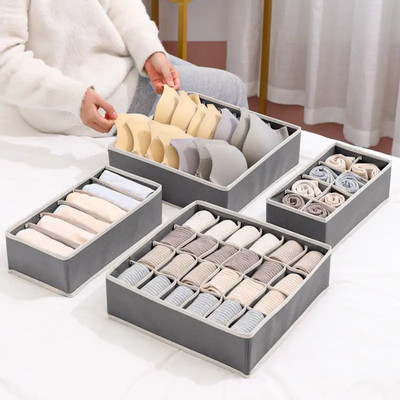 lukzer Set of 4 Storage Box Foldable Closet Organizer Holder (Cream/4 Size Set) Drawer Divider(Fabric)